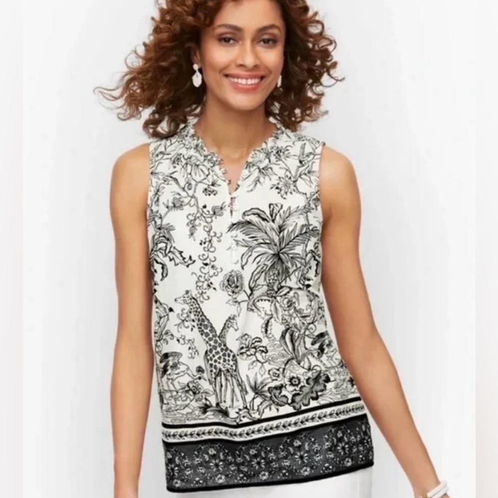 Talbots Jungle Toile Print Sleeveless Blouse PL Black White Safari Top